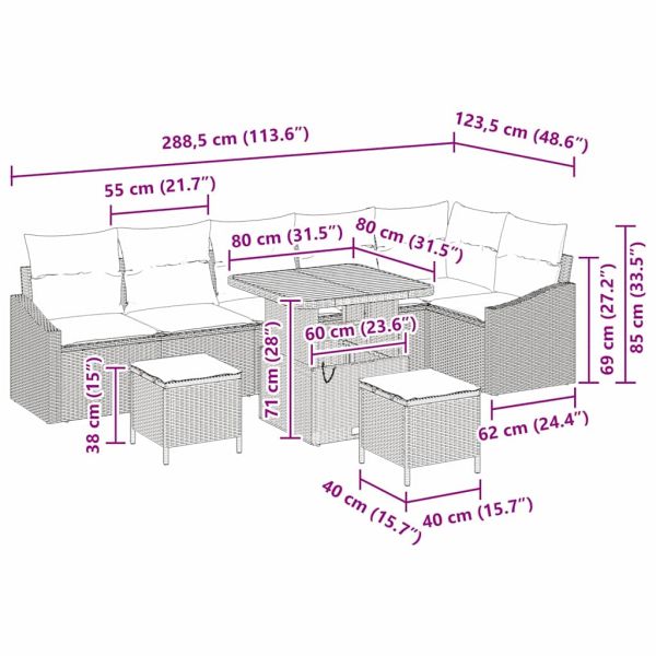 Градински Софа Комплект с възглавница 9 pcs Бежово Полиратан