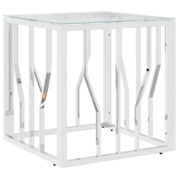 Кафе маса, сребриста, 50x50x50 cм, неръждаема стомана и стъкло