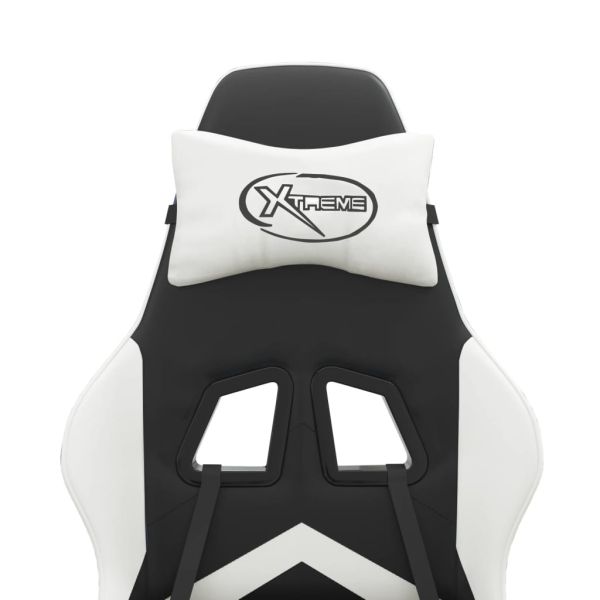 Гейминг стол с опора за крака, черно и бяло, изкуствена кожа