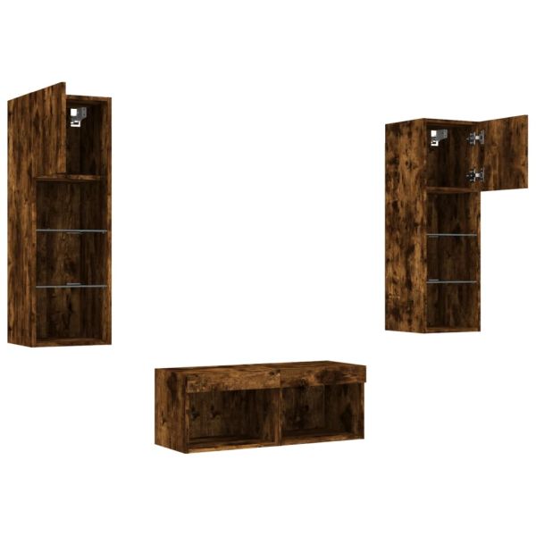 ТВ стенни шкафове, 4 части, с LED светлини, опушен дъб