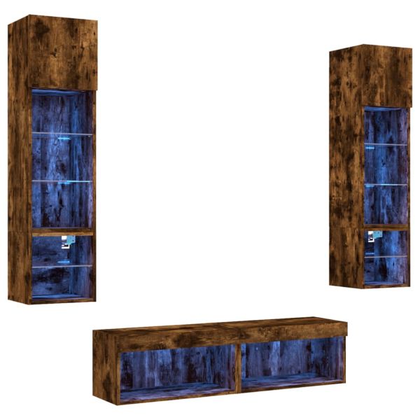 ТВ стенни модули с LED, 6 части, опушен дъб, инженерно дърво