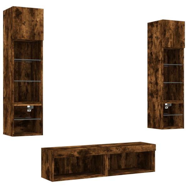 ТВ стенни модули с LED, 6 части, опушен дъб, инженерно дърво