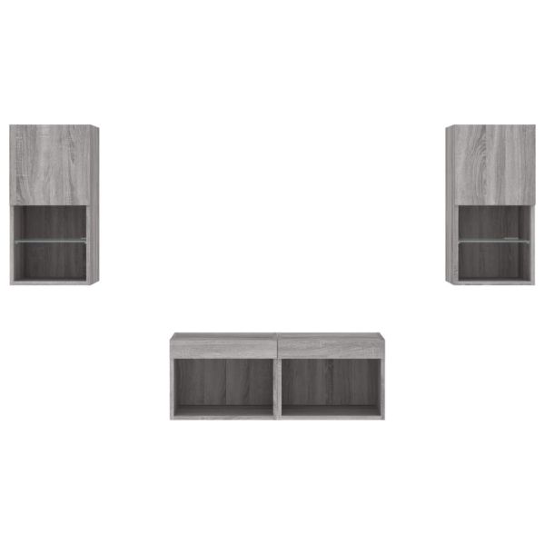 ТВ стенни шкафове, 4 части, с LED светлини, сив сонома