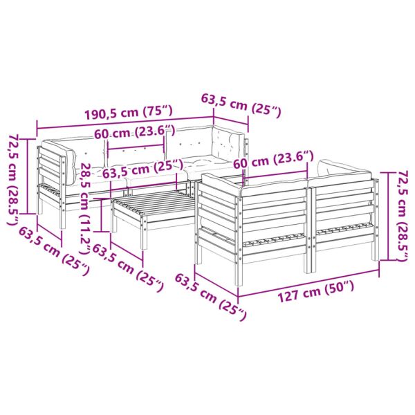 Градински комплект с възглавници, 6 части, дугласка ела масив