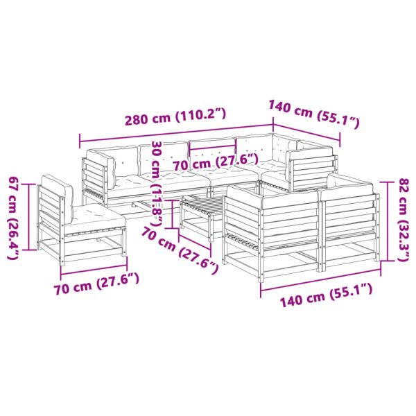 Градински комплект диван с възглавници 9 части, импрегниран бор