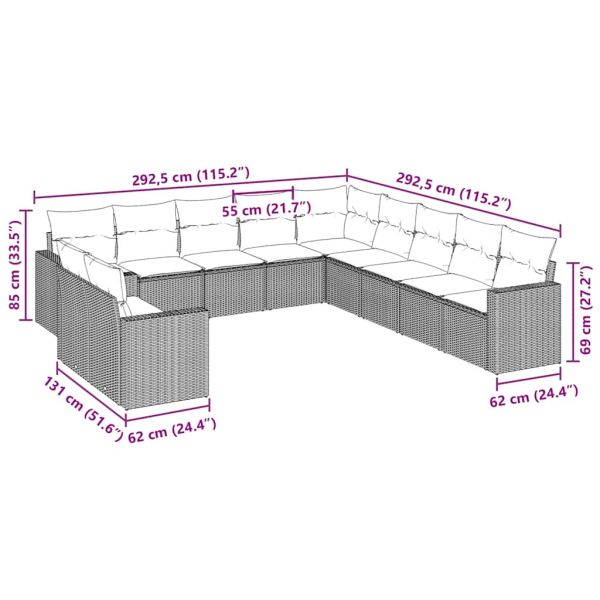 Градински комплект диван с възглавници 11 части черен полиратан