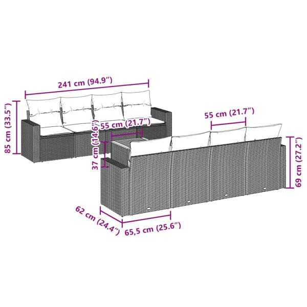 Градински комплект диван с възглавници 9 части черен полиратан