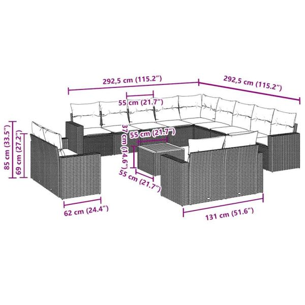 Градински диван с възглавници, 14 части, черен, полиратан
