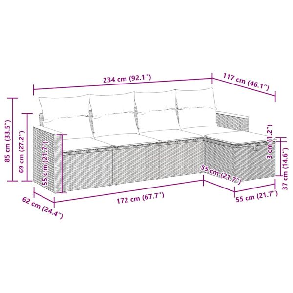 Градински комплект с възглавници, 5 части, черен полиратан