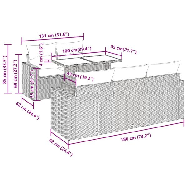 Градински комплект диван с възглавници 7 части черен полиратан