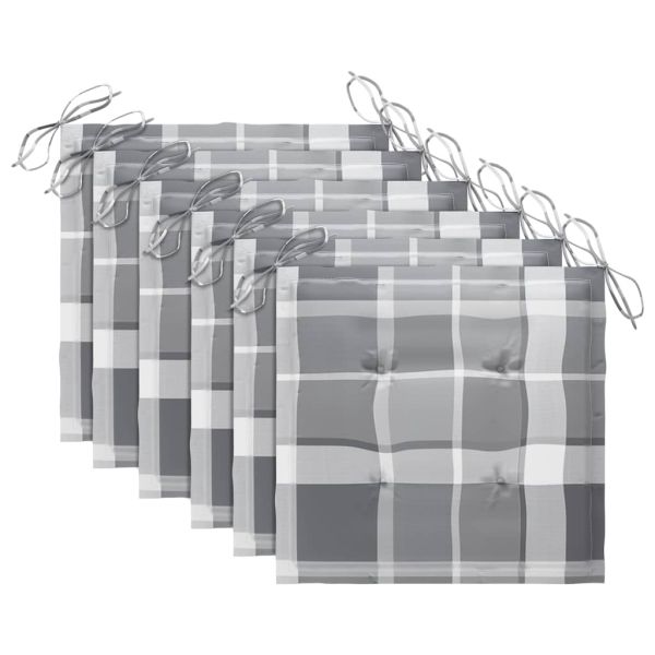 Градински столове, 6 бр, възглавници на сиво каре, тик масив