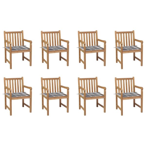 Градински столове, 8 бр, възглавници на сиво каре, тик масив