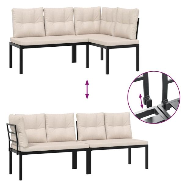 Градински пейки 2 бр с възглавници черни прахово боядисан метал