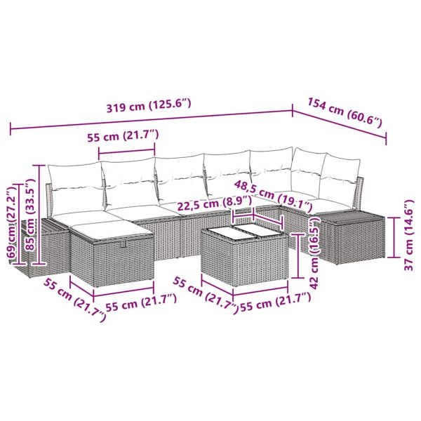 Градински Софа Комплект с възглавница 8 pcs Черно полиратан