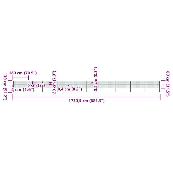 Ограден панел с железни стълбове 1730x80 см, зелен