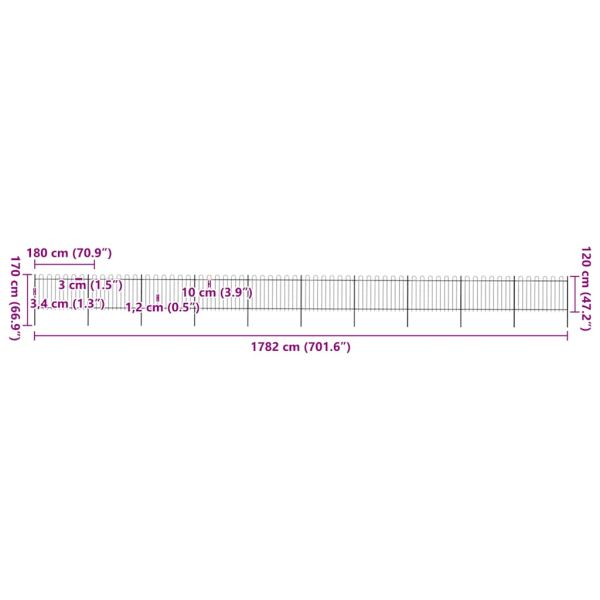 Градинска ограда с обръч връх, стомана, 1781,5x120 см, черна