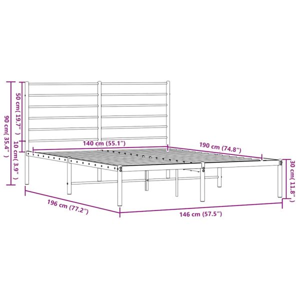 Метална рамка за легло с горна табла, черна, 140x190 см