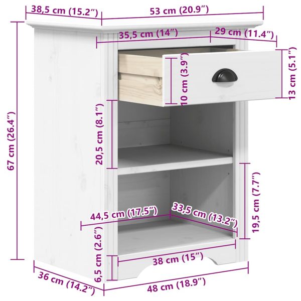 Нощно шкафче BODO, бяло, 53x38,5x67 см, борово дърво масив