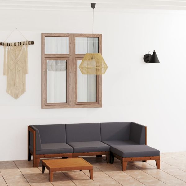 Градински лаундж комплект с възглавници, 5 части, акация масив