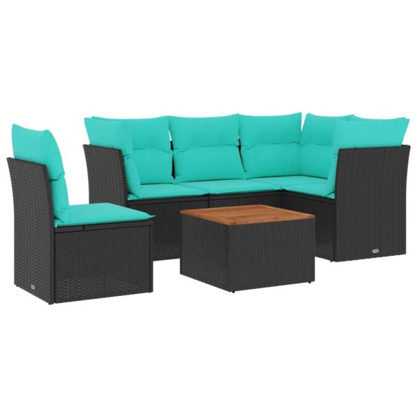 Градински комплект диван с възглавници 6 части черен полиратан