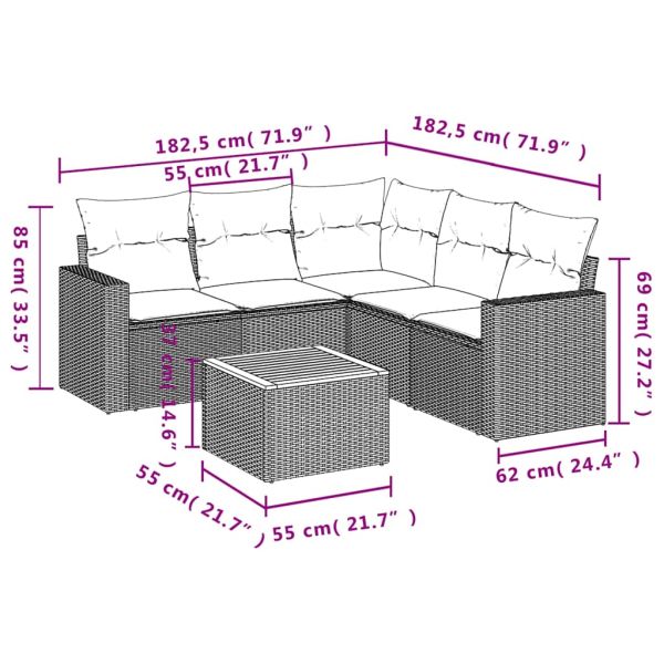 Градински комплект диван с възглавници 6 части черен полиратан