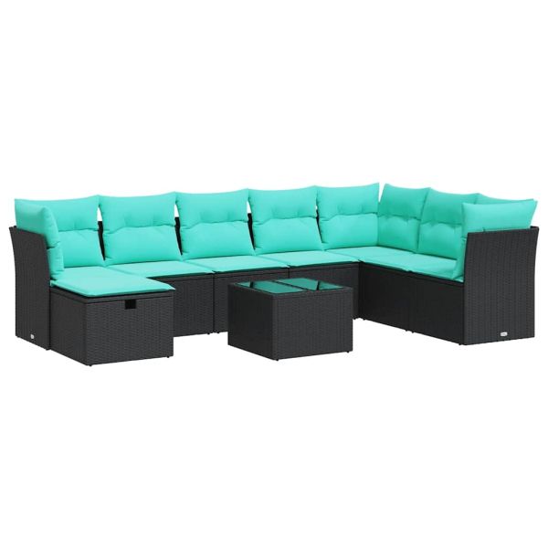 Градински комплект диван с възглавници 9 части черен полиратан