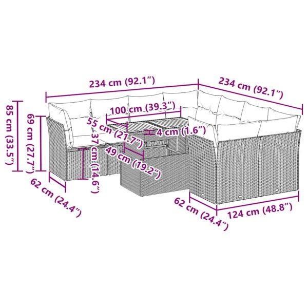 Градински комплект диван с възглавници 9 части черен полиратан