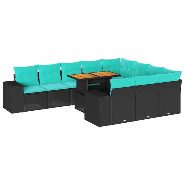 Градински комплект диван с възглавници 11 части черен полиратан