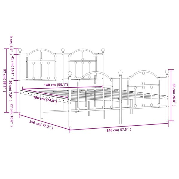 Метална рамка за легло с горна и долна табла, черна, 140x190 см