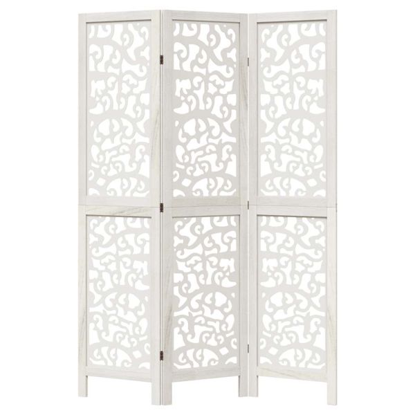 Разделител за стая, 3 панела, бял, дърво пауловния масив