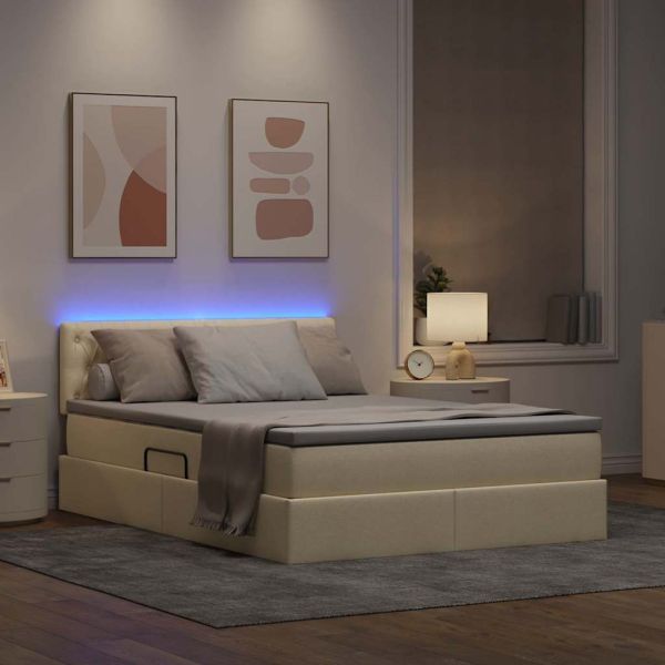 Легло с място за съхранение и LED Кремав 140 x 190 cm текстил