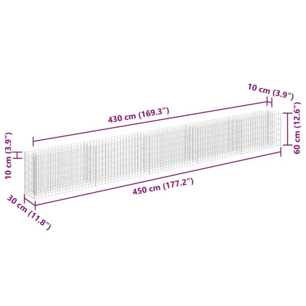 Габион повдигната леха, поцинкована стомана, 450x30x60 cм