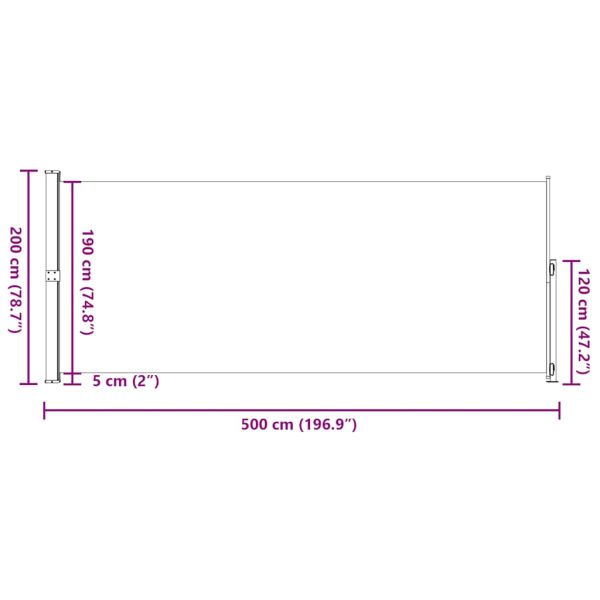 Прибираща се дворна странична тента, 200x500 см, сива