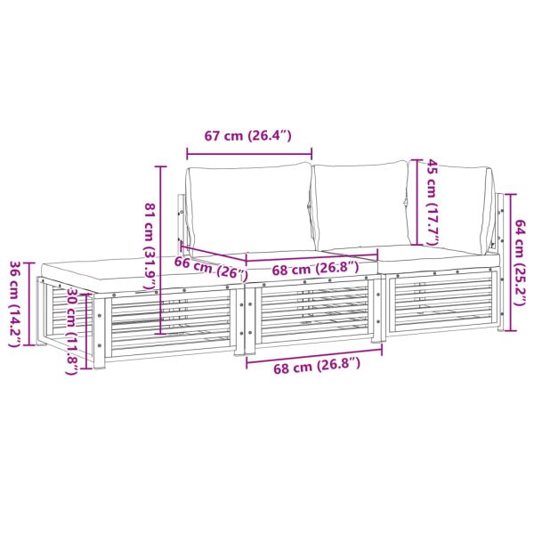 Градински комплект диван с възглавници, 3 части, акация масив