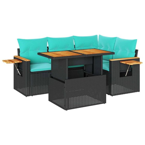 Градински комплект с възглавници, 5 части, черен полиратан