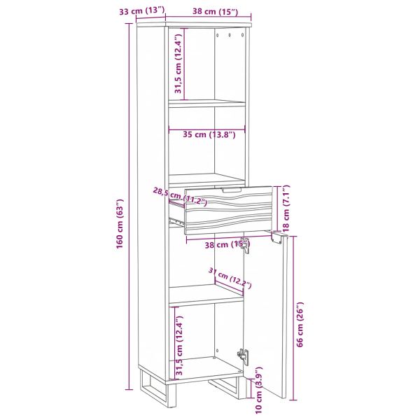 Шкаф за мивка в баня Орех 38 x 33 x 160 см Инженерно дърво