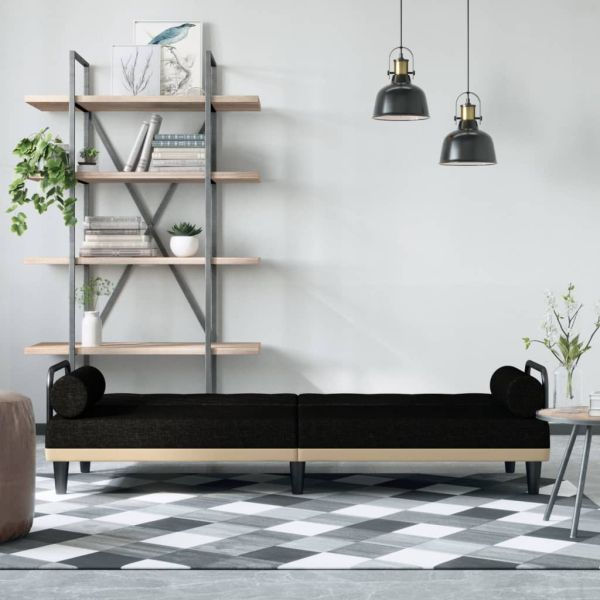 Разтегателен диван с подлакътници, черен, плат