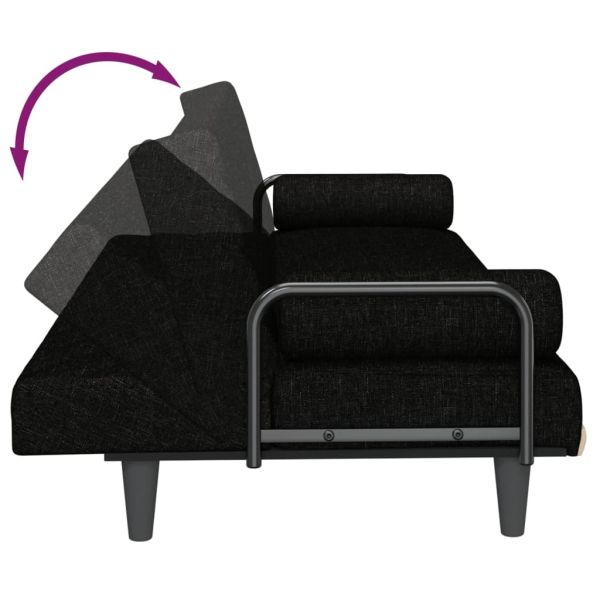 Разтегателен диван с подлакътници, черен, плат
