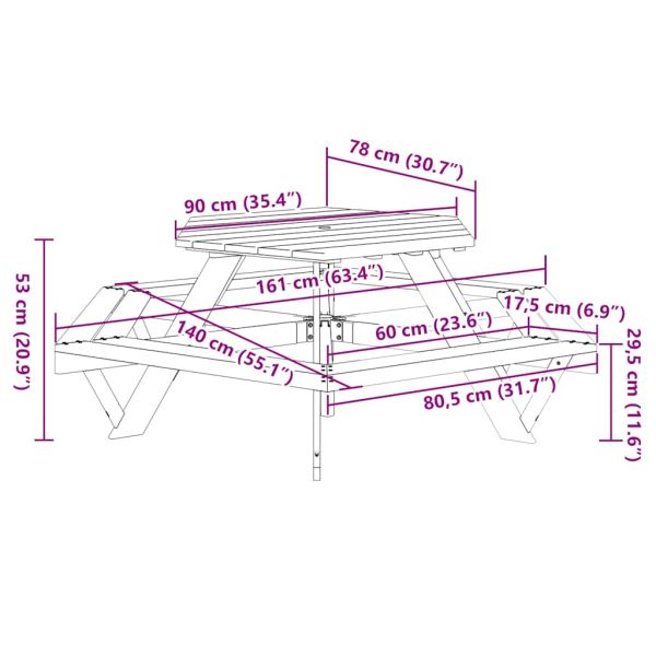 Пикник маса за 6 деца, с пейки, шестоъгълна, чамово дърво масив