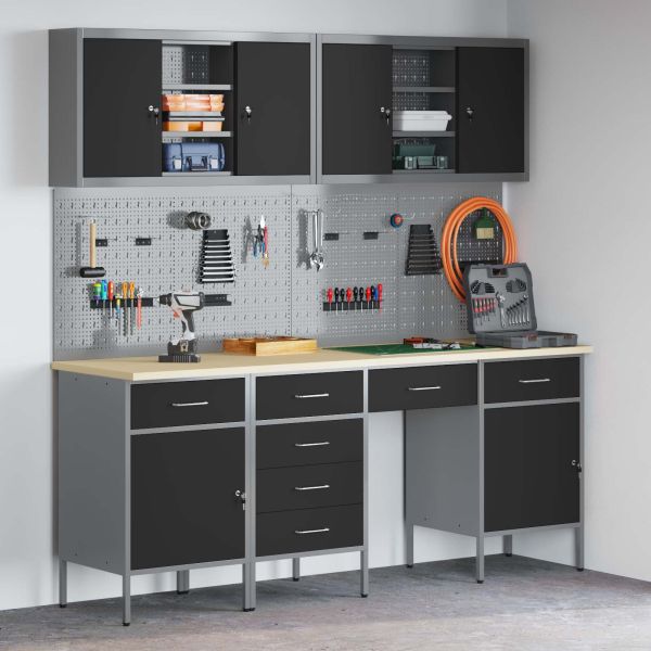 Работен кабинет 10 pcs Черно Инженерна дървесина и стомана