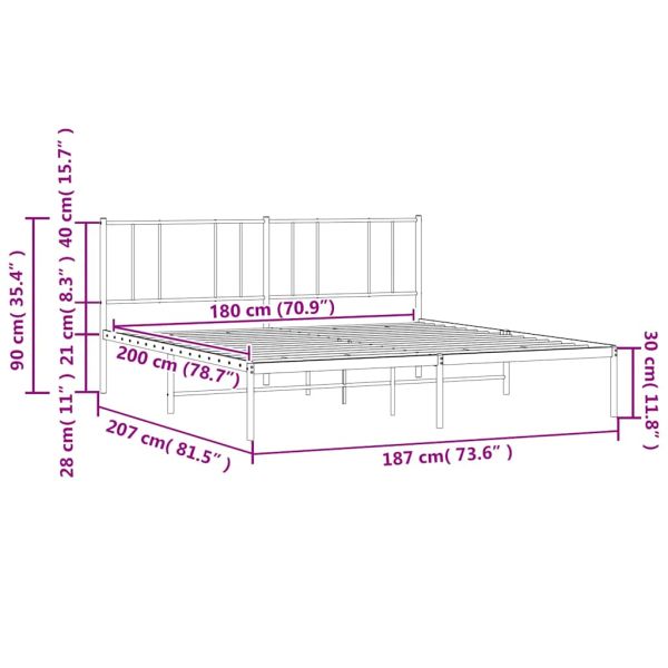 Метална рамка за легло с горна табла, бяла, 180x200 см
