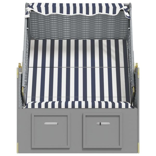 Strandkorb с навес, полиратан и масивно дърво, бяло и синьо