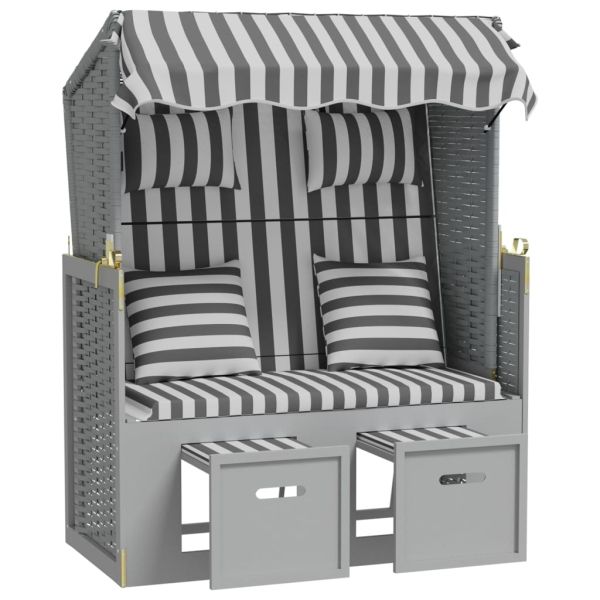 Strandkorb с възглавници, полиратан и масивно дърво, сиво/бяло