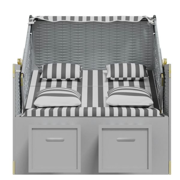 Strandkorb с възглавници, полиратан и масивно дърво, сиво/бяло