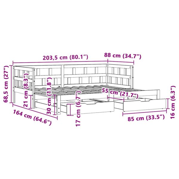 Дневно легло с уширение и чекмеджета без матрак бяло 80x200 см