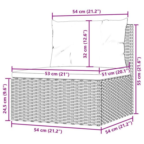 Градински среден диван с възглавници, черен, полиратан