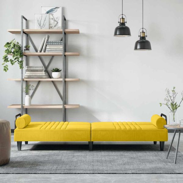 Разтегателен диван с подлакътници, жълт, кадифе