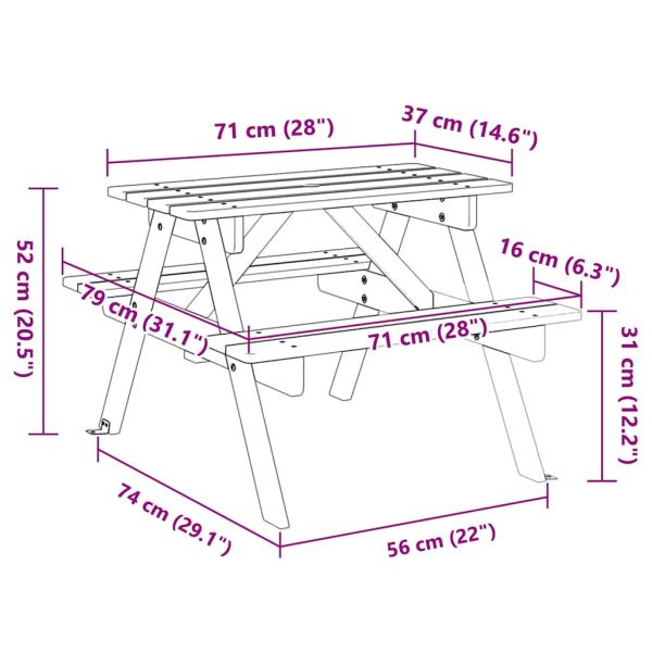 Пикник маса за 4 деца, с отвор за чадър, чамова дървесина масив