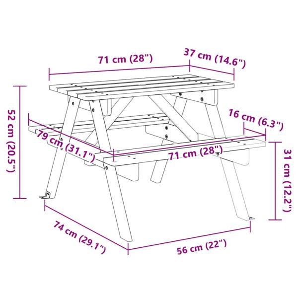 Пикник маса за 4 деца, с отвор за чадър, чамова дървесина масив