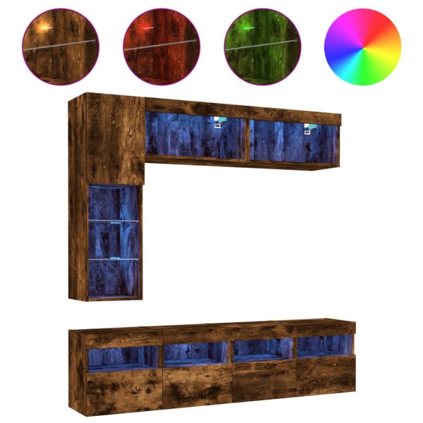 Комплект ТВ стенни шкафове, 7 части, с LED светлини, опушен дъб